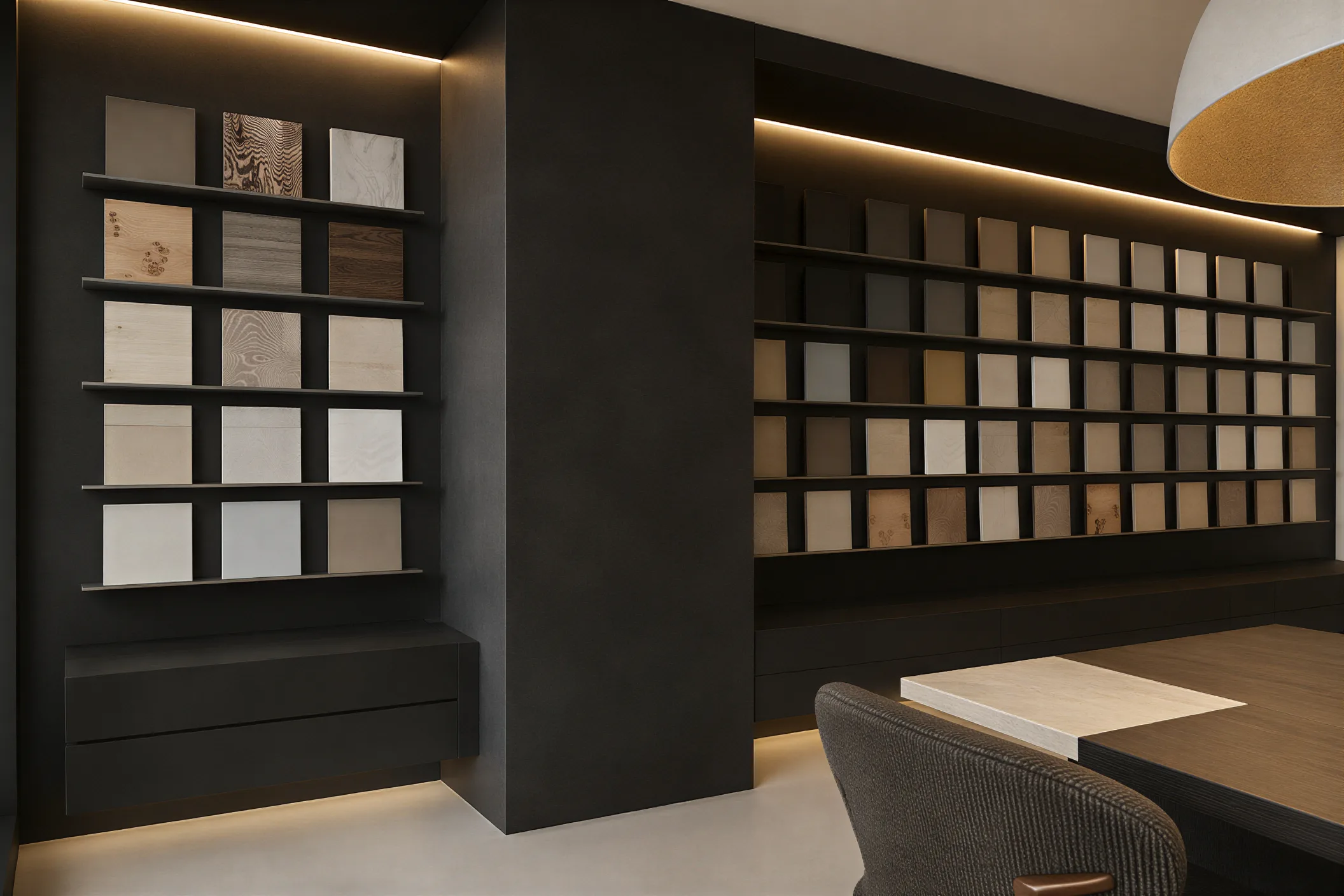 Architectural finishes study showing a coordinated material palette