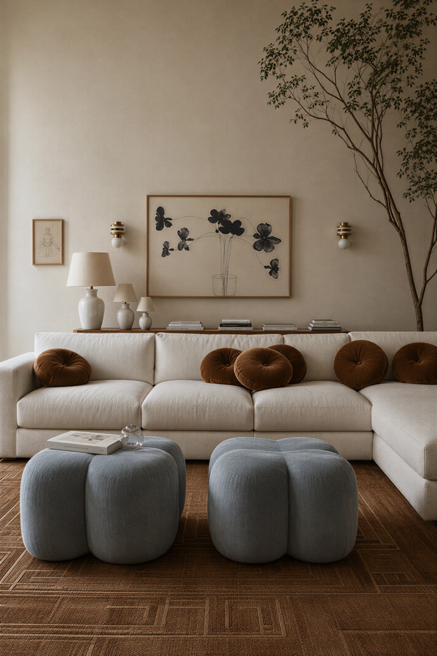Low-profile seating and walnut cabinetry in a contemporary living room