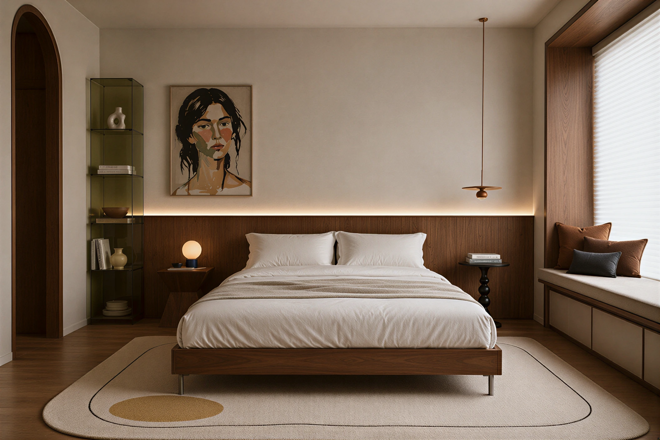 Contemporary penthouse living space with stone and soft evening light