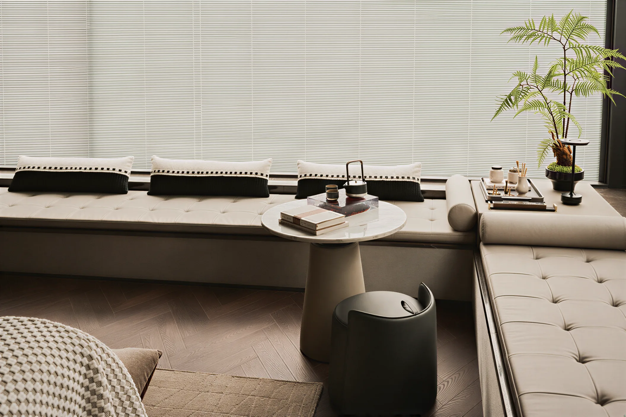 Apartment showing integrated full-height cabinetry and concealed storage