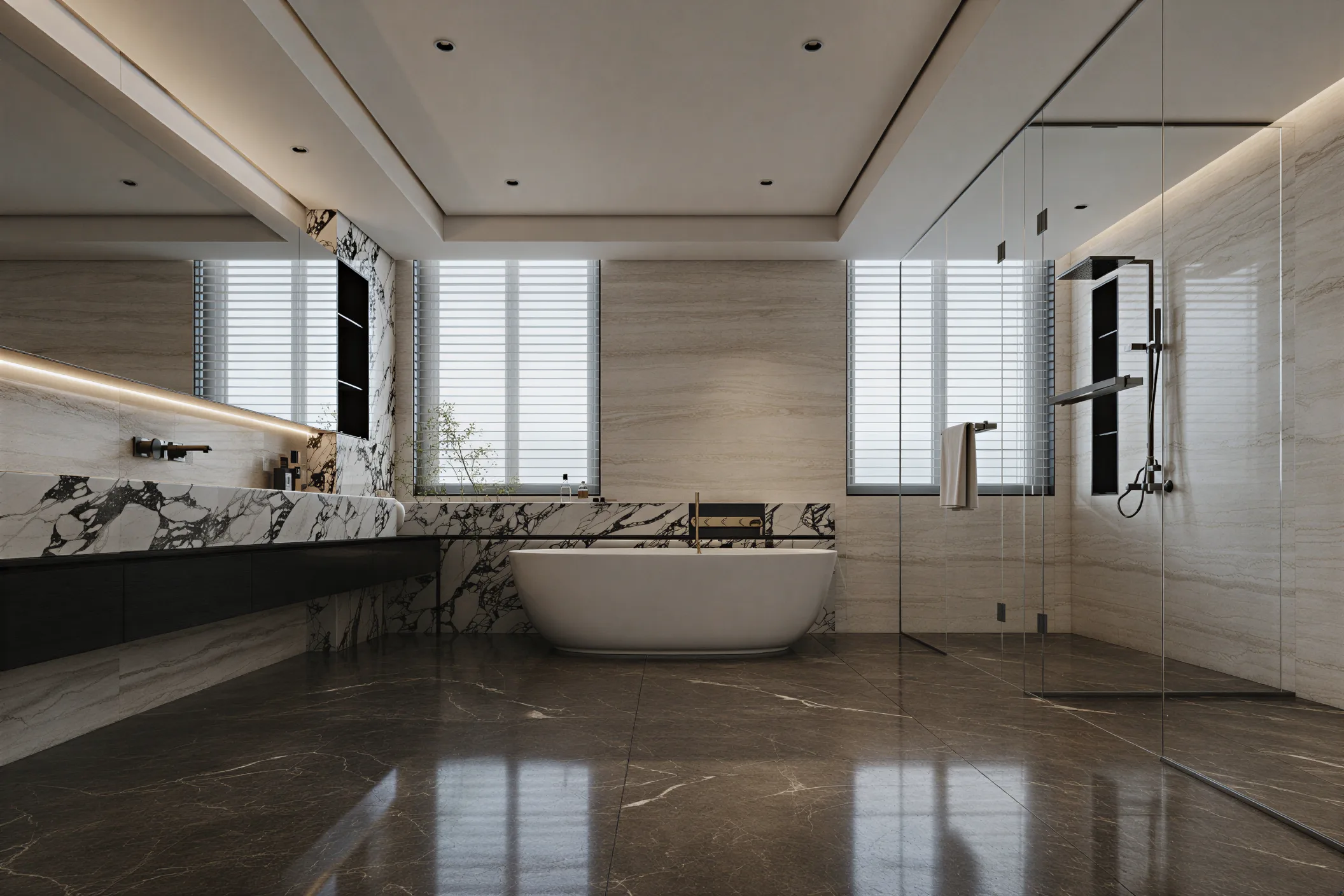 Large villa bathroom with stone surfaces, a freestanding bath and generous daylight