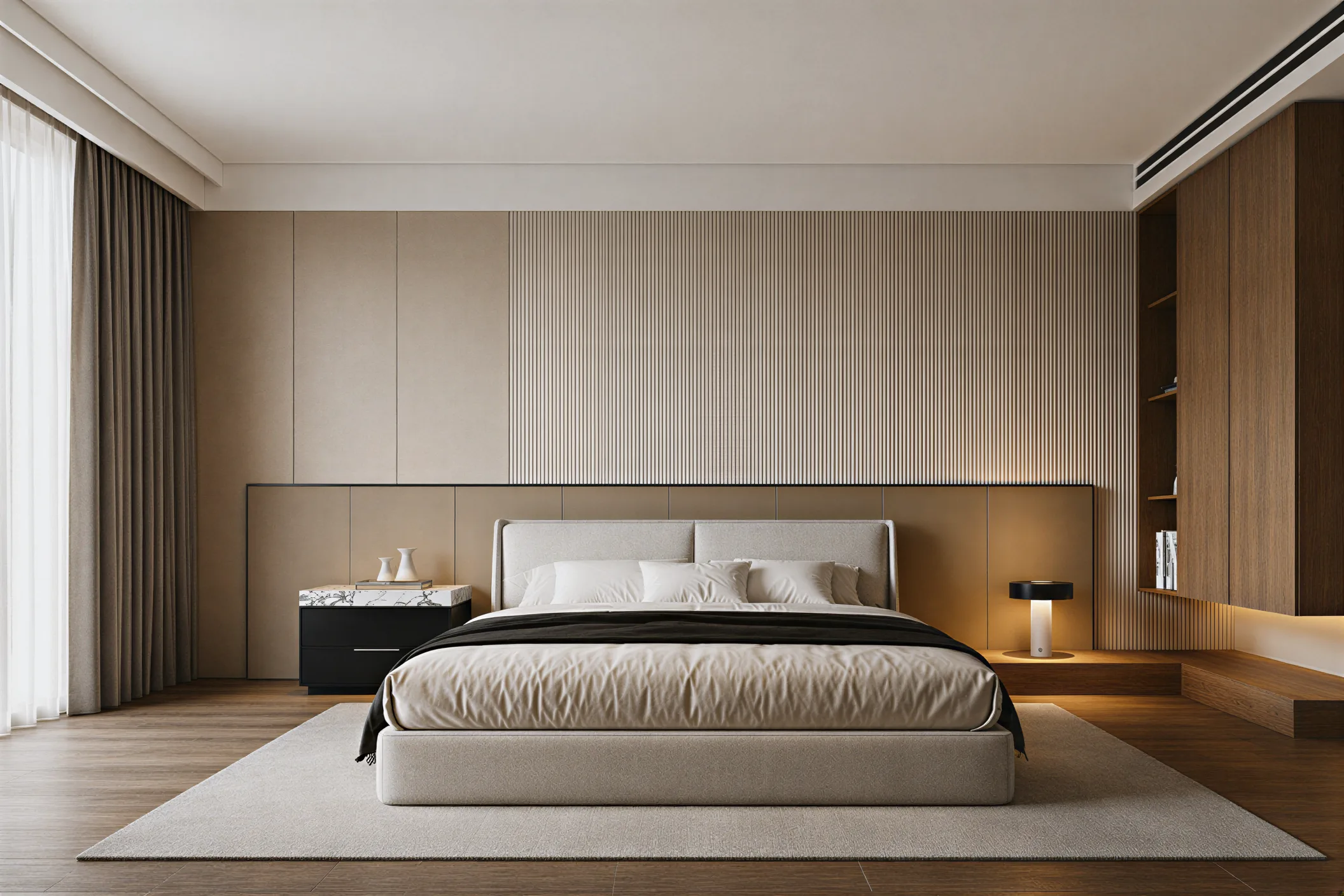Villa interior showing continuous stone timber and textile finishes